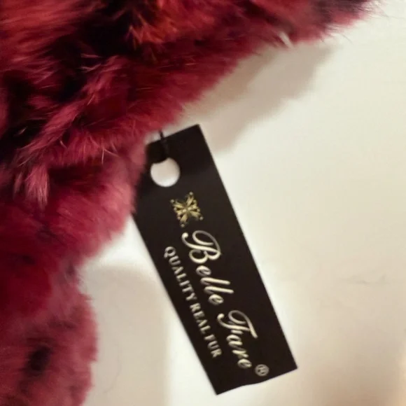 Belle Fare Real Rabbit Fur Neck Scarf with Pom Poms-MAROONISH/BLACK - Picture 2 of 3